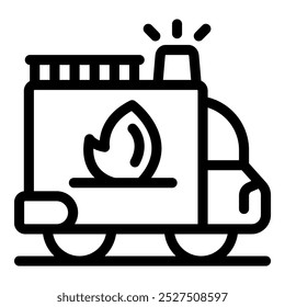 Simple line art icon of a fire truck rushing to an emergency, representing fire safety and rescue services
