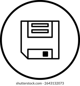 Simple line art icon of a floppy disk inside a circular frame illustration