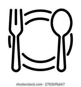 Icono de arte lineal simple de un tenedor y una cuchara alrededor de un plato