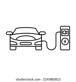 Icono de arte de línea simple del lado frontal del coche eléctrico en la estación de carga.