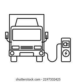 Simple line art icon of front side of electric box truck in the charging station. Future transportation.