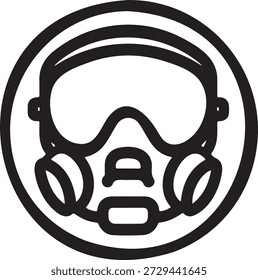 Einfaches Strichsymbol einer Gasmaske und einer Schutzbrille, die Atemschutz, Sicherheitsausrüstung und Gefahrenwarnungen in der Umgebung darstellt.
