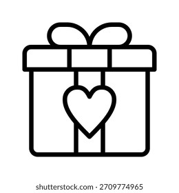 Un icono de arte lineal simple de una caja de regalo con un símbolo de corazón y una cinta. Amor y Boda de una sola línea icono de diseño de interfaz de usuario.