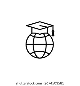 Eine einfache Linie Kunst Symbol eines Globus mit einer Abschlusskappe auf, die globale Bildung repräsentiert. Einzeln auf weißem Hintergrund. Vektorgrafik.