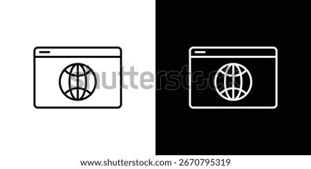 Simple line art icon of a globe inside a browser window, isolated on white and black backgrounds.