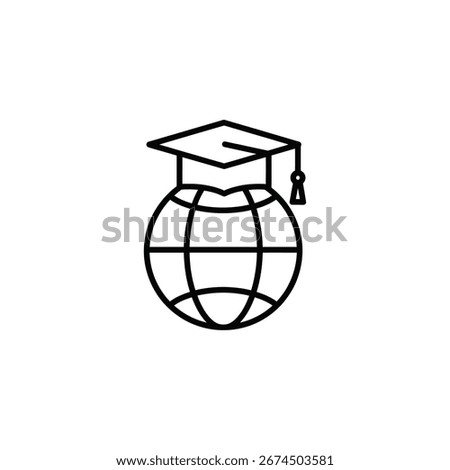 A simple line art icon of a globe with a graduation cap on top, representing global education. Isolated on white background. Vector illustration.