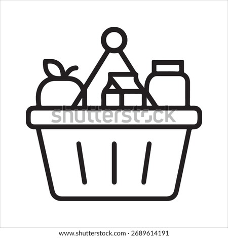 A simple line art icon of a grocery basket filled with various food items and drinks on a white background.