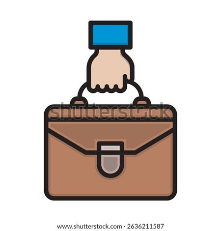 A simple line art icon of a hand holding a briefcase. Suitable for business, finance, legal, or conceptual illustrations