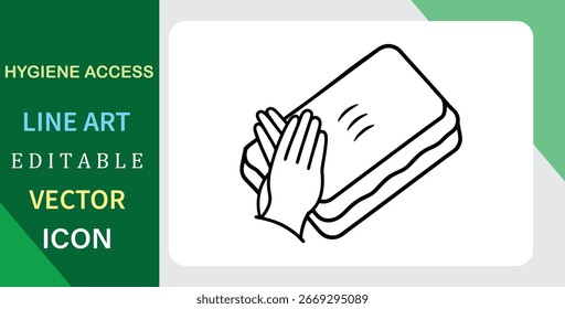 A simple line art icon of hands washing with a bar of soap. A concept for hygiene access, health, and sanitation. Editable vector.
