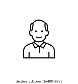 Simple line art icon of a happy, smiling, bald man.