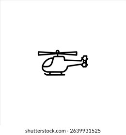 A simple line art icon of a helicopter in side profile. Monochrome pictogram representing aviation and air transport, isolated on a white background.