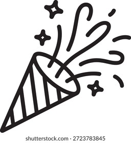 Un simple icono de arte lineal ilustra un clásico popper de fiesta descargando vigorosamente corrientes de confeti y estrellas brillantes que significan una celebración alegre o un logro histórico exitoso.