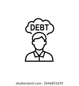 A simple line art icon illustrating a person burdened by financial debt. The word 'Debt' appears in a thought bubble above the person's head.