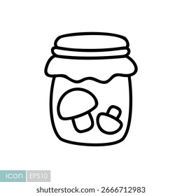 A simple line art icon of a jar with mushrooms inside. This illustration is perfect for food, rustic, and kitchen-themed designs, symbolizing preserved harvest goods.
