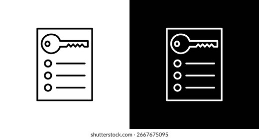 Simple line art icon of a key on a checklist, presented against both white and black backgrounds.