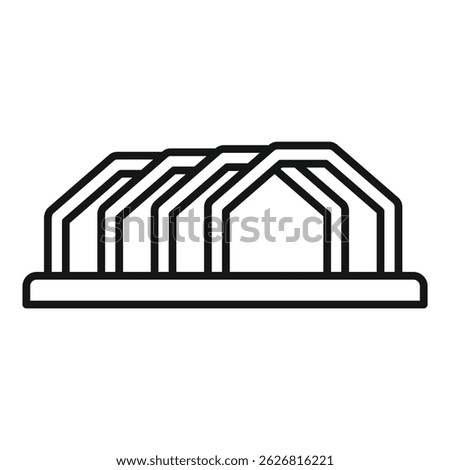 Simple line art icon of a large industrial structure or warehouse under construction