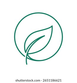 Un simple icono de arte lineal de una hoja dentro de un círculo, que simboliza la naturaleza, los productos orgánicos y la sostenibilidad ambiental