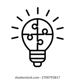 A simple line art icon of a light bulb made of puzzle pieces, symbolizing a creative solution, innovation, and collaborative problem-solving.

