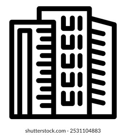 Einfache Linie Kunst-Symbol-Logo, das eine moderne Stadtlandschaft mit Gebäuden, die für den Himmel zu erreichen