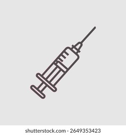 Simples ícone da arte da linha de uma seringa médica com uma agulha em um fundo cinza claro