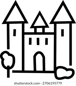 Simple line art icon of a medieval castle with three towers
