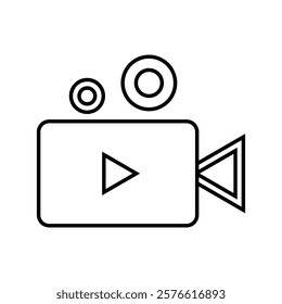 Simple Line Art Icon of a Movie Camera with Play Button.