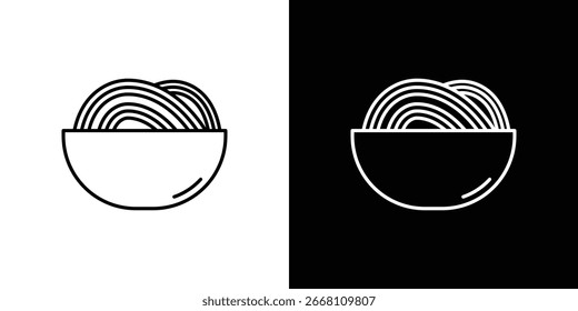 Simple line art icon of noodles in a bowl, presented on both white and black backgrounds.