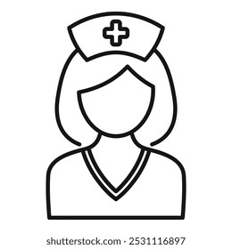 Simple line art icon of a nurse wearing a uniform and a hat with a cross