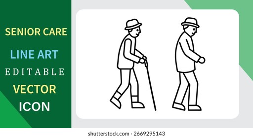 Un simple icono de arte lineal de un anciano caminando con un bastón. Para conceptos de cuidado de personas mayores, envejecimiento y jubilación. Vector editable.