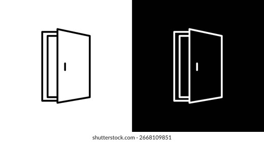 Simple line art icon of an open door, shown on both white and black backgrounds. Suitable for websites, apps, and presentations.