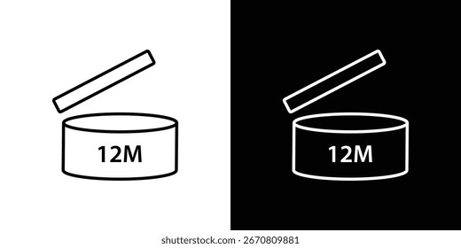 Icono simple del arte de la línea de un tarro abierto con una etiqueta del 12M, aislado en fondos blancos y negros.