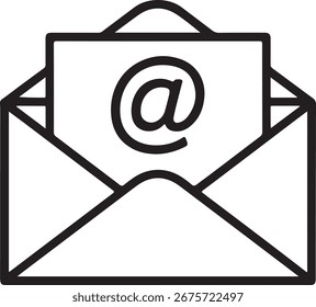 Simple line art icon of an open envelope with a symbol on a letter inside, representing email communication.