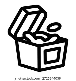 Um simples ícone de arte de linha de um baú de tesouro aberto transbordando com moedas de ouro e joias, sugerindo riqueza e descoberta.