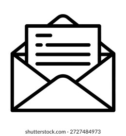 Ícone simples de arte de linha de envelope aberto com letra dentro ícone