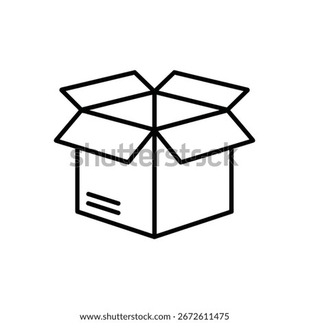 A simple line art icon of an open cardboard box is presented on a clean white background. The box is depicted with its flaps extended upwards, revealing the interior. 