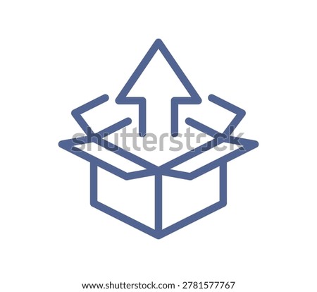 Simple line art icon of open box with upward arrows, package upload and digital export symbol pictogram linear flat vector illustration isolated on white background.