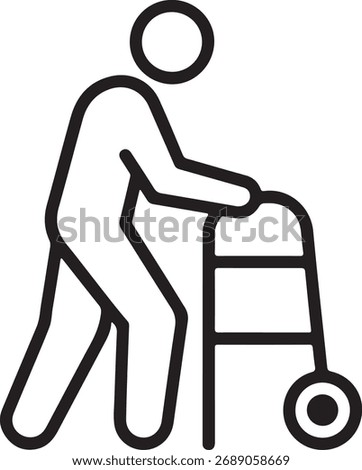 Simple line art icon of a person using a walker, symbolizing mobility assistance and elderly care.