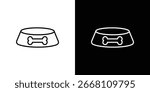 Simple line art icon of a pet food bowl with bone design, isolated on both white and black backgrounds.