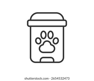 Simple line art icon of a pet food container with a paw print. Ideal for websites, apps, or print materials related to animal care, supplies, or services.