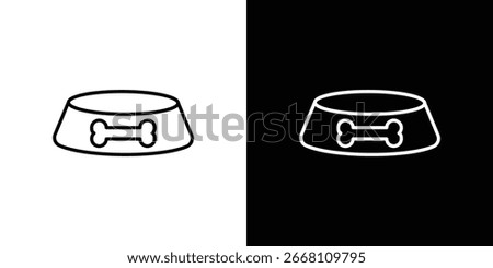 Simple line art icon of a pet food bowl with bone design, isolated on both white and black backgrounds.