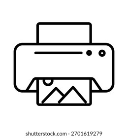 Un simple icono de arte lineal de una impresora que produce una foto. Ideal para temas relacionados con la Fotografía, la tecnología de oficina y la impresión digital.
