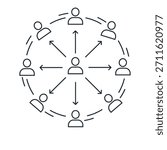 Simple line art icon representing a centralized communication structure, often called a hub and spoke model, showing one central person connected to eight surrounding people via arrows indicating dire