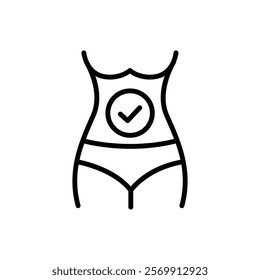 A simple line art icon representing a healthy female body with a checkmark indicating approval or success.