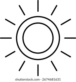 Einfaches Linienkunstsymbol, das die Sonne mit Strahlen für Wetter und Tag-Erkennungsvektor darstellt