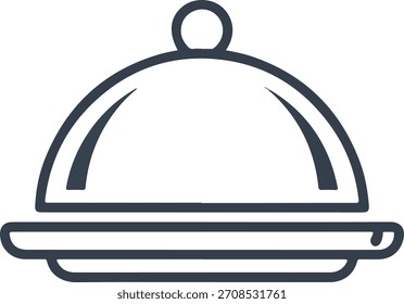 Simple Line Art Icon, das ein überdachtes Gericht oder eine Servierplatte mit Deckel auf einem Teller darstellt, perfekt für Speisen-Service Restaurant-Menüs oder kulinarische