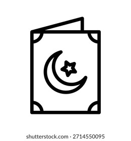 A simple line art icon representing an Islamic book, featuring a crescent moon and star symbol. Islamic single line icon UI design.