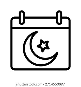 Un simple icono de arte lineal que representa un calendario islámico, con una luna creciente y una estrella. Diseño de interfaz de usuario de icono de línea única islámica.
