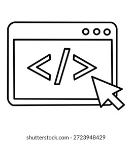 Um ícone de arte de linha simples que representa uma janela de computador exibindo símbolos de código com um cursor apontando para ele, simbolizando programação e desenvolvimento web.