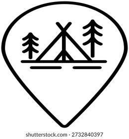 Simple line art icon representing an outdoor camping location, featuring a teepee tent and two stylized pine trees within a map pointer symbol