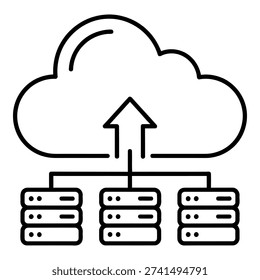 Simple line art icon representing cloud computing, data storage, and server infrastructure. The image shows data being uploaded from multiple servers to a cloud network.